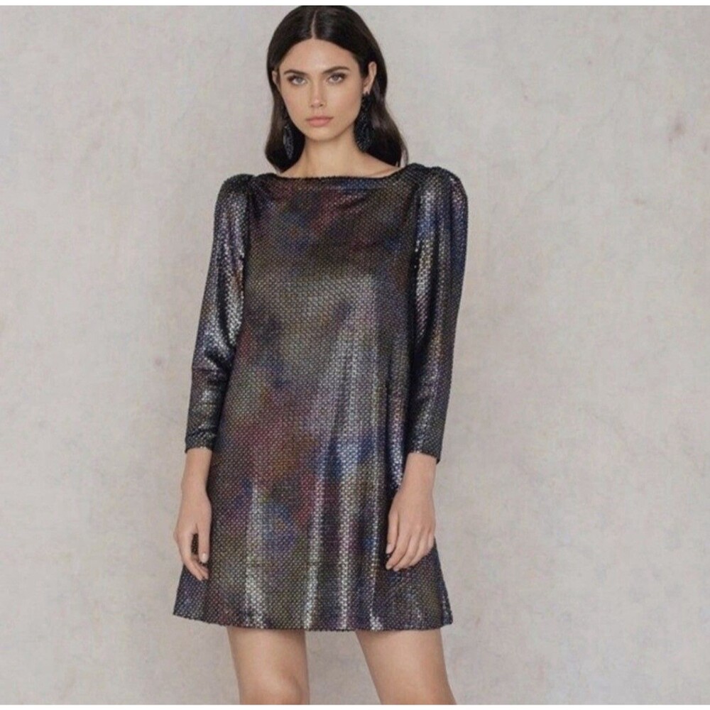 Free People Diamonds Are Forever Irridescent Metallic Puff Sleeve Mini Dress XS - Picture 2 of 14